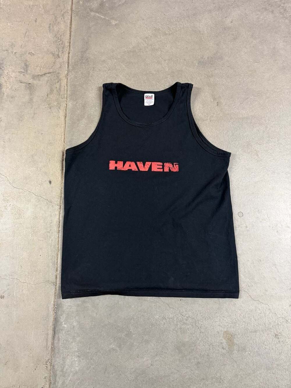 Vintage Anvil Haven Red Text Print Black Tank Top